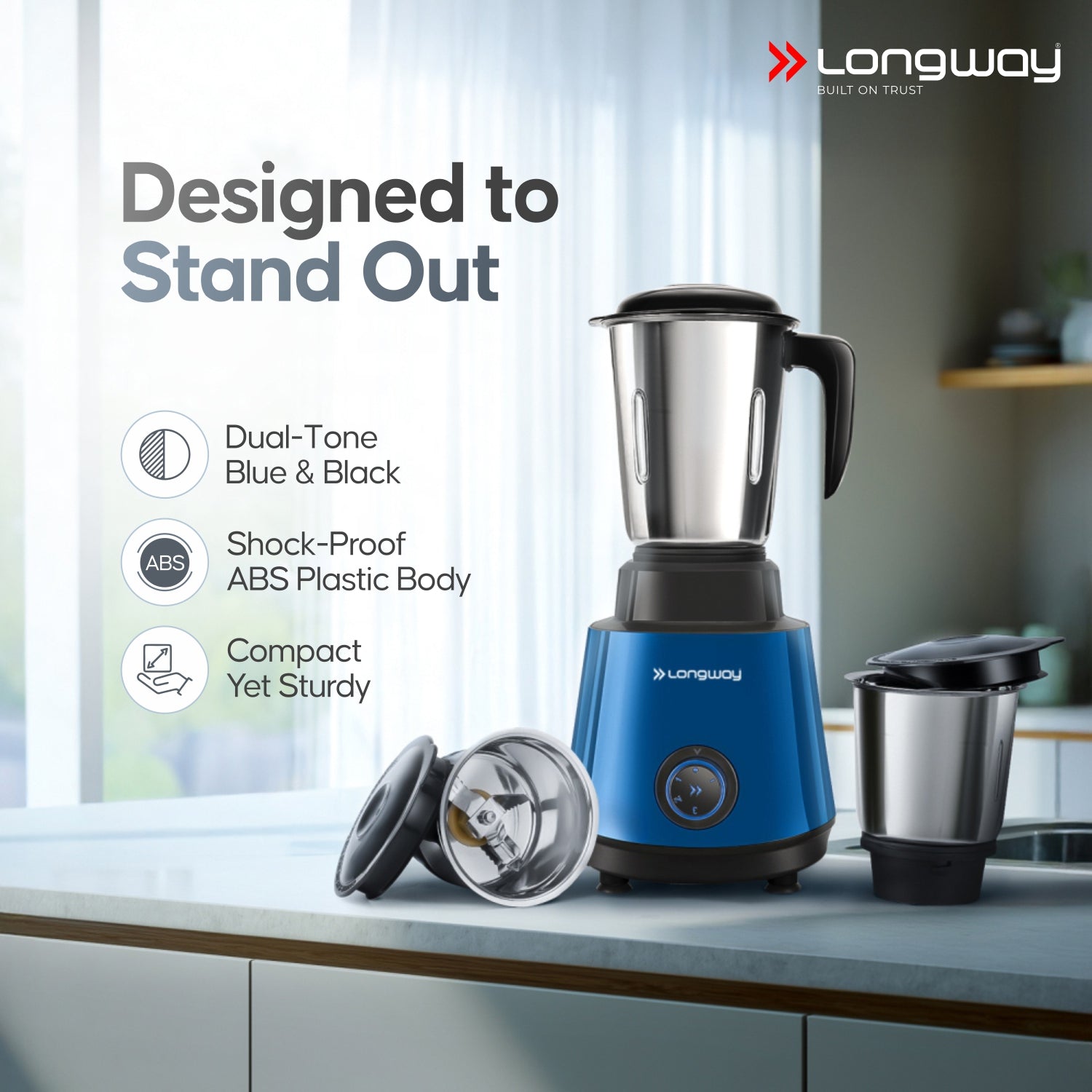 Longway Super Pro Juicer Mixer Grinder | Up to 500 - 750 Watt Max Output Powerful Motor | for Grinding, Mixing, Juicing | 2 Year Warranty