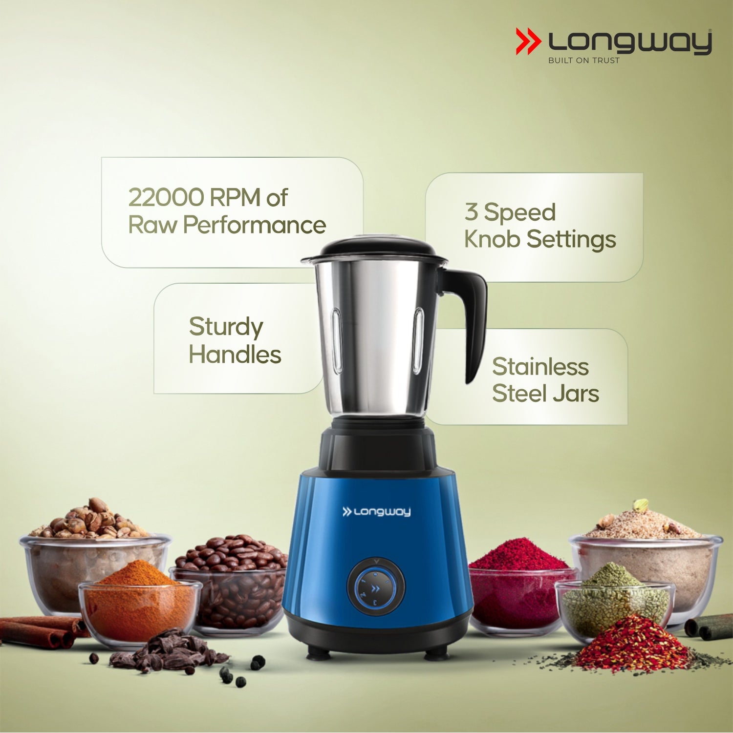 Longway Super Pro Juicer Mixer Grinder | Up to 500 - 750 Watt Max Output Powerful Motor | for Grinding, Mixing, Juicing | 2 Year Warranty