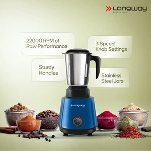 Longway Super Pro Juicer Mixer Grinder | Up to 500 - 750 Watt Max Output Powerful Motor | for Grinding, Mixing, Juicing | 2 Year Warranty