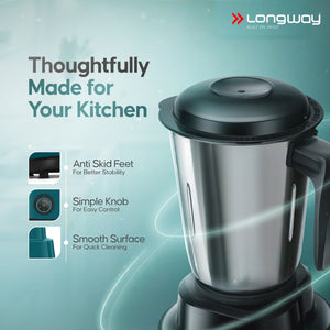 Longway Super Pro Juicer Mixer Grinder | Up to 500 - 750 Watt Max Output Powerful Motor | for Grinding, Mixing, Juicing | 2 Year Warranty