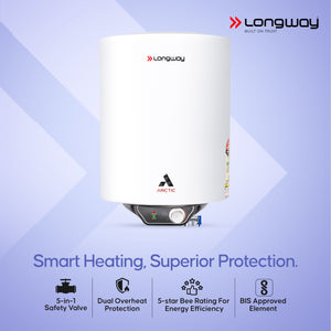 Longway Arctic 10 Ltr 5 Star Rated Storage Water Heater for Home with Advanced Multi-Layered Safety System & Anti-Rust Coating | Glassline Coated Tank | Suitable for Hard Water & High-Rise Building | 5 Years Warranty (White)