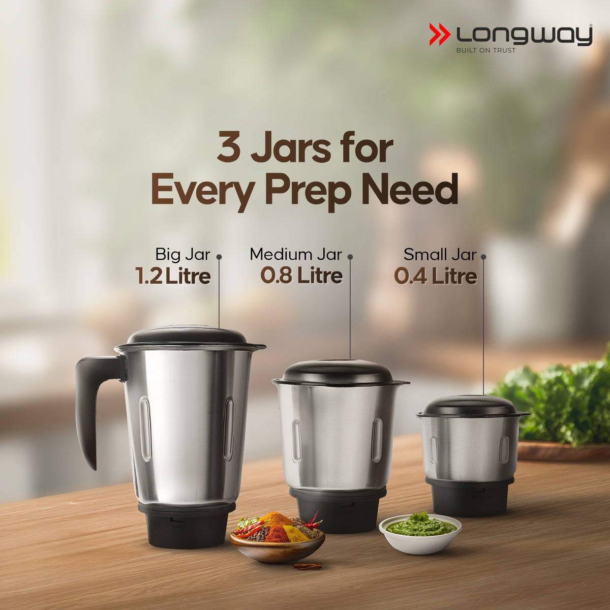 Longway Super Pro Juicer Mixer Grinder | Up to 500 - 750 Watt Max Output Powerful Motor | for Grinding, Mixing, Juicing | 2 Year Warranty