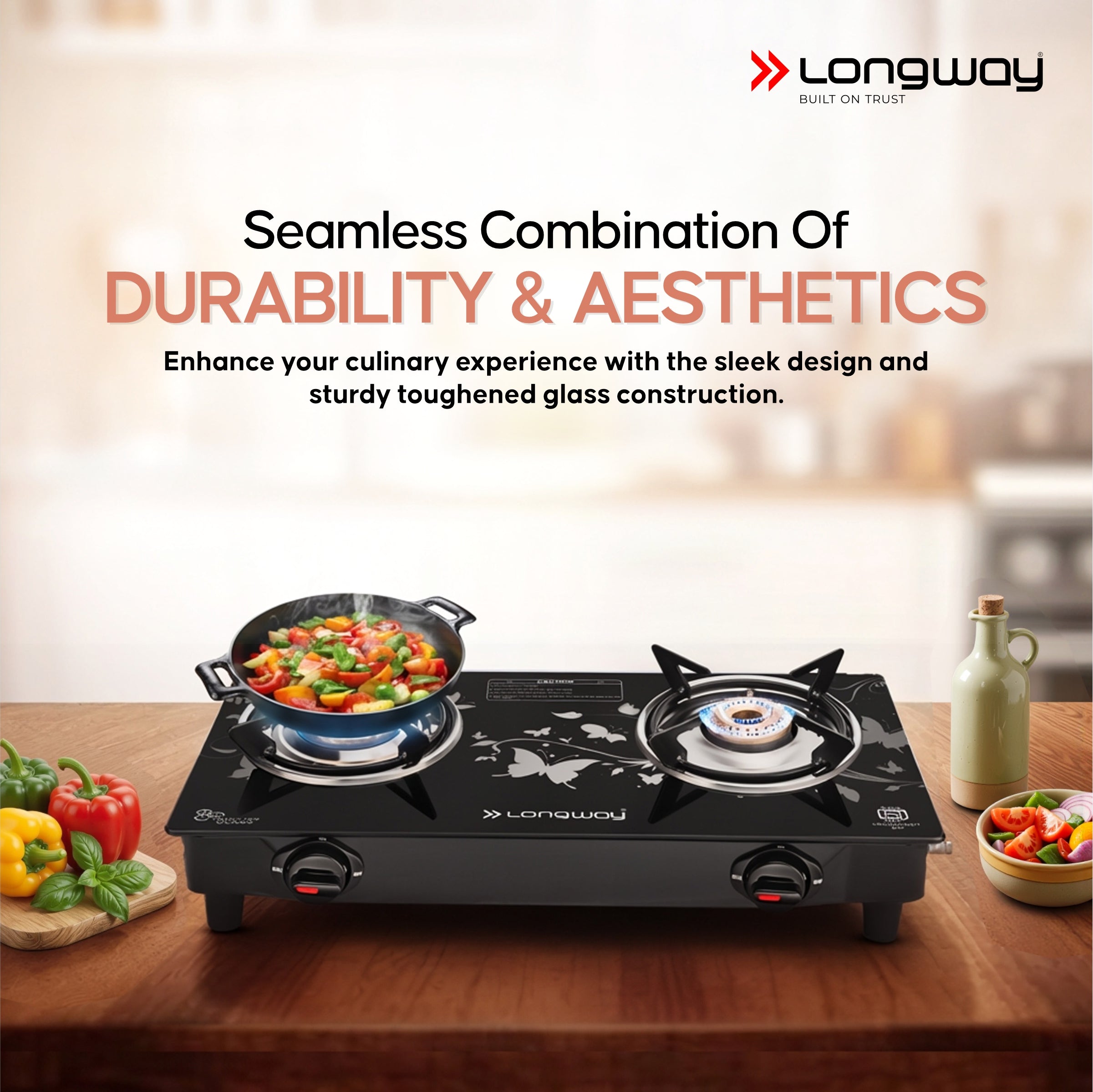 Longway Astra Glass Top, Manual Ignition Glass Gas Stove (Black, ISI Certified, 2 Years Warranty)