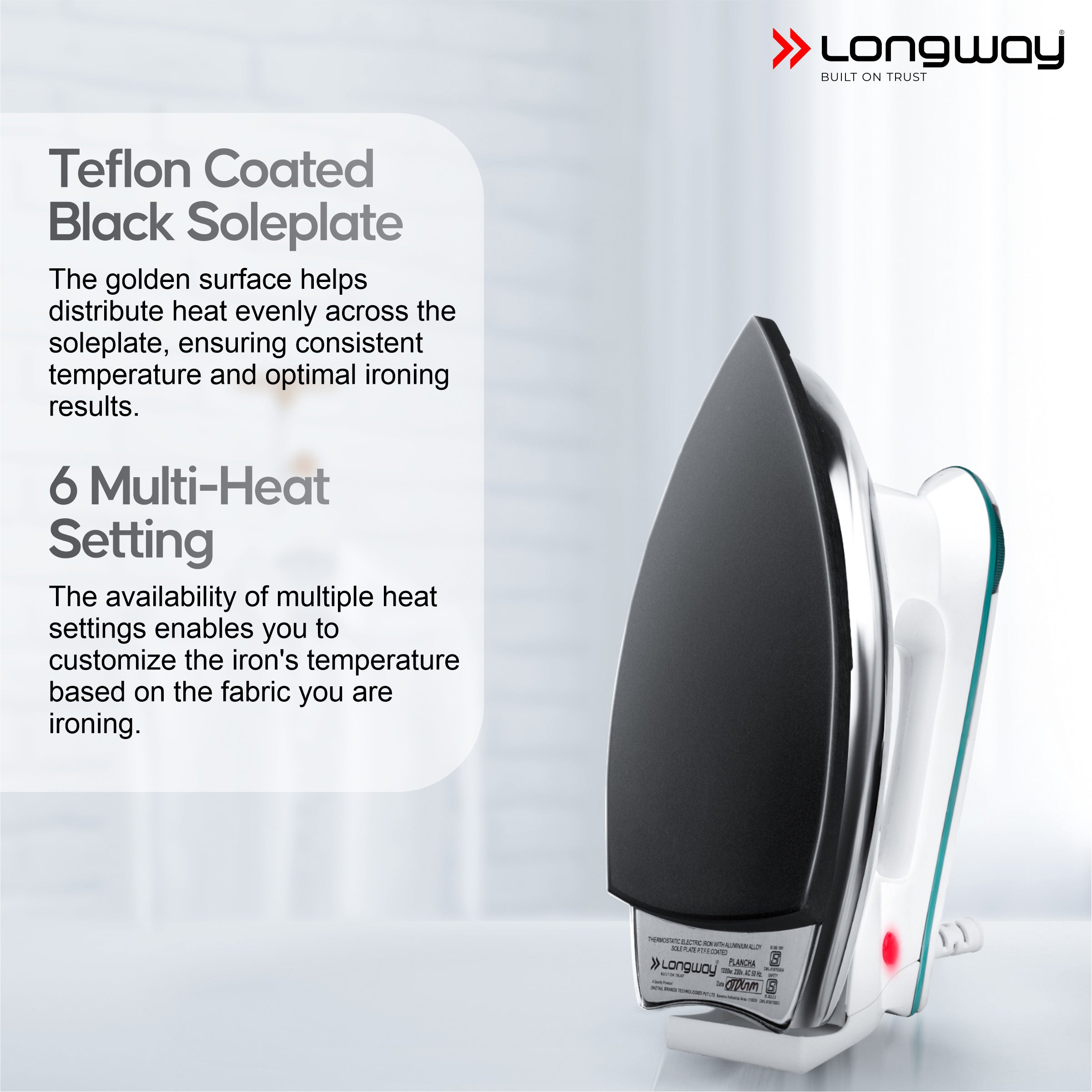 Longway Plancha Heavy Weight Non-Stick Teflon Coated Dry Iron, Electric Iron for Clothes | 2 Years Warranty| (1200 Watt)