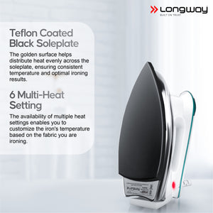 Longway Plancha Heavy Weight Non-Stick Teflon Coated Dry Iron, Electric Iron for Clothes | 2 Years Warranty| (1200 Watt)
