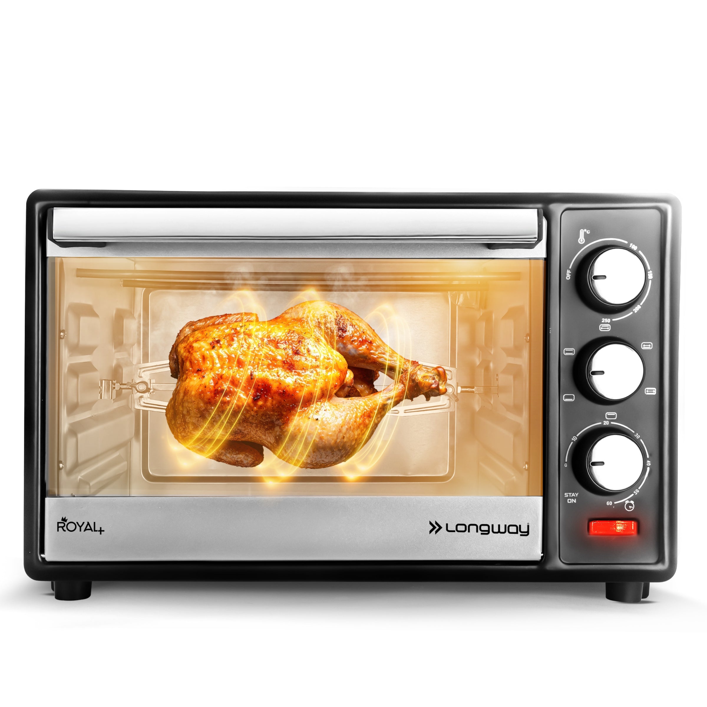 Longway Royal Plus OTG 28 Ltr Oven Toaster Griller with Illuminated chamber, Motorized rotisserie Multiple Heating Modes | Temperature Timer Control for Baking Pizza, Cake, Grilling Chicken & Toasting Bread (1500W, Silver)