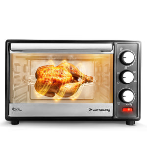 Longway Royal Plus OTG 28 Ltr Oven Toaster Griller with Illuminated chamber, Motorized rotisserie Multiple Heating Modes | Temperature Timer Control for Baking Pizza, Cake, Grilling Chicken & Toasting Bread (1500W, Silver)