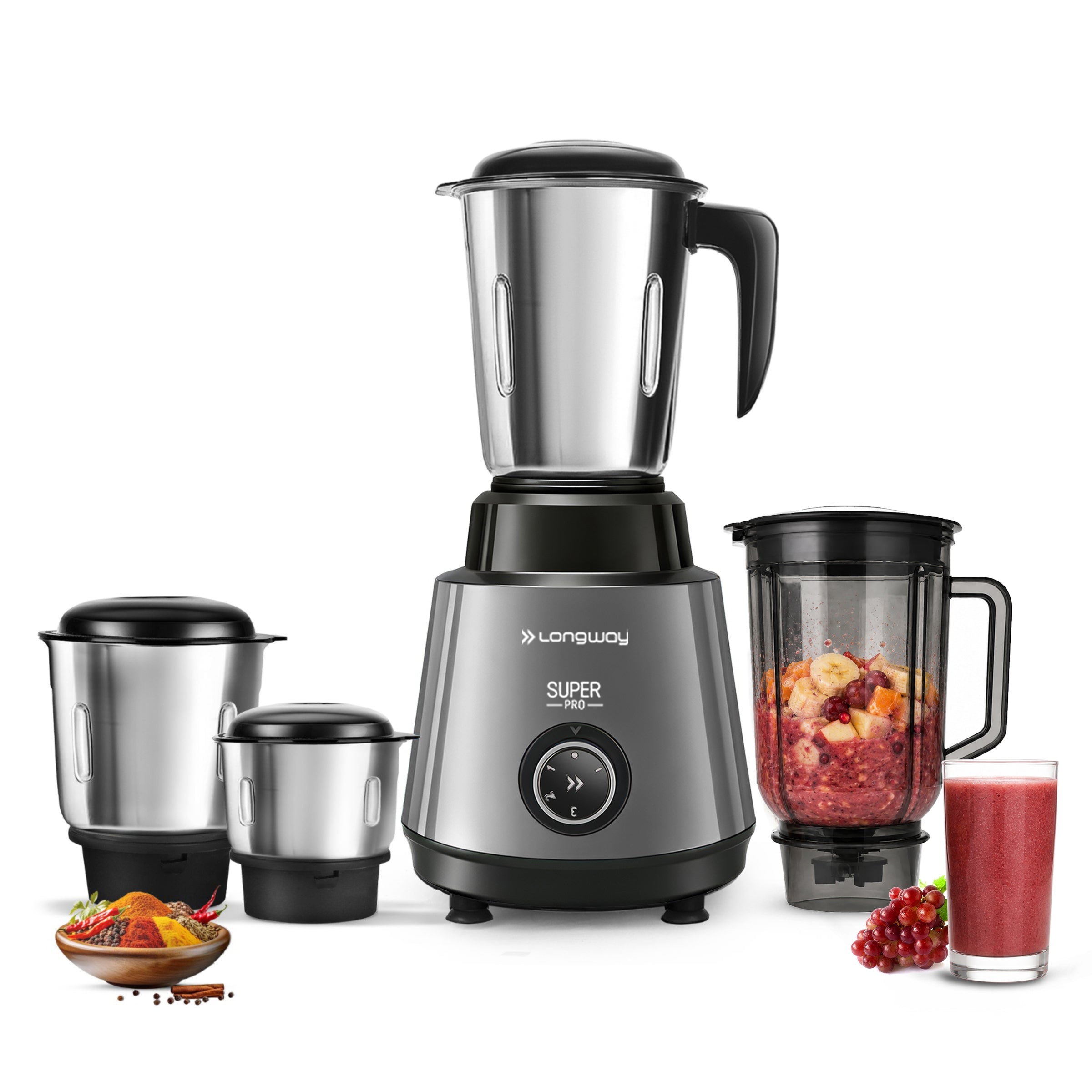 Longway Super Pro Juicer Mixer Grinder | Up to 500 - 750 Watt Max Output Powerful Motor | for Grinding, Mixing, Juicing | 2 Year Warranty