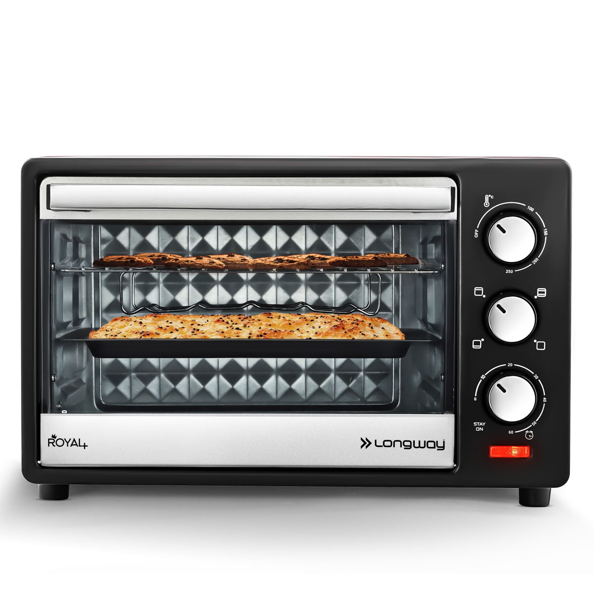 Longway Royal Plus OTG 25 Ltr Oven Toaster Griller with Multiple Heating Modes | Temperature Timer Control for Baking Pizza, Cake, Grilling Chicken & Toasting Bread|1 Year Warranty (1280W, Silver)