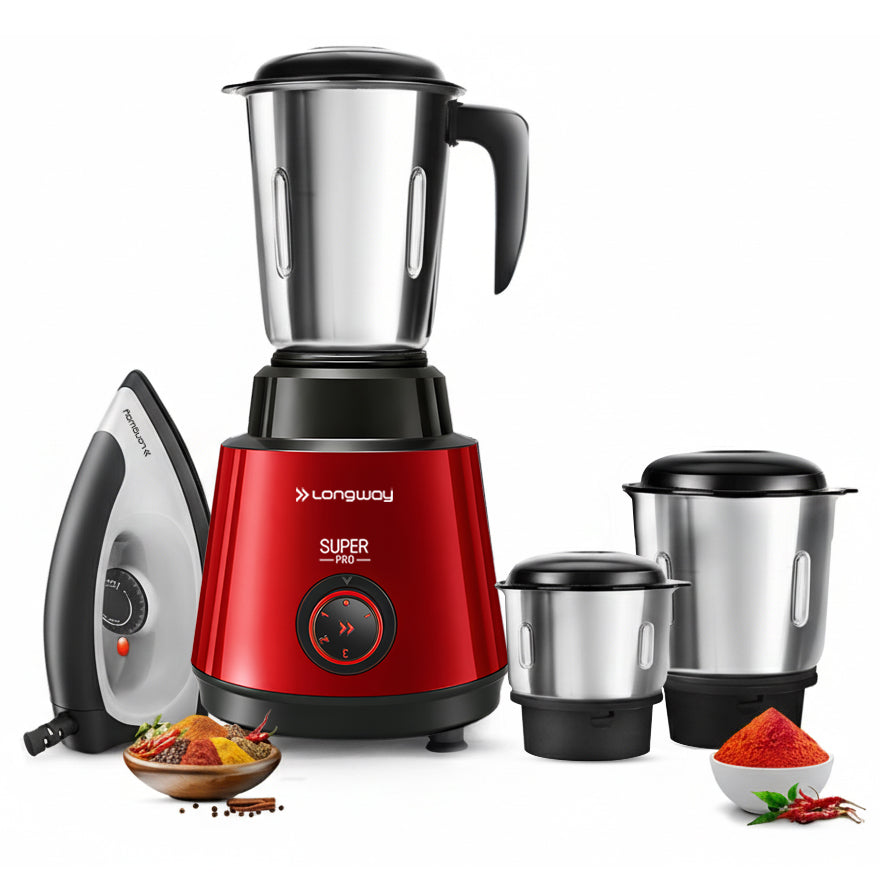 Longway Super Pro Juicer Mixer Grinder | Up to 500 - 750 Watt Max Output Powerful Motor | for Grinding, Mixing, Juicing | 2 Year Warranty
