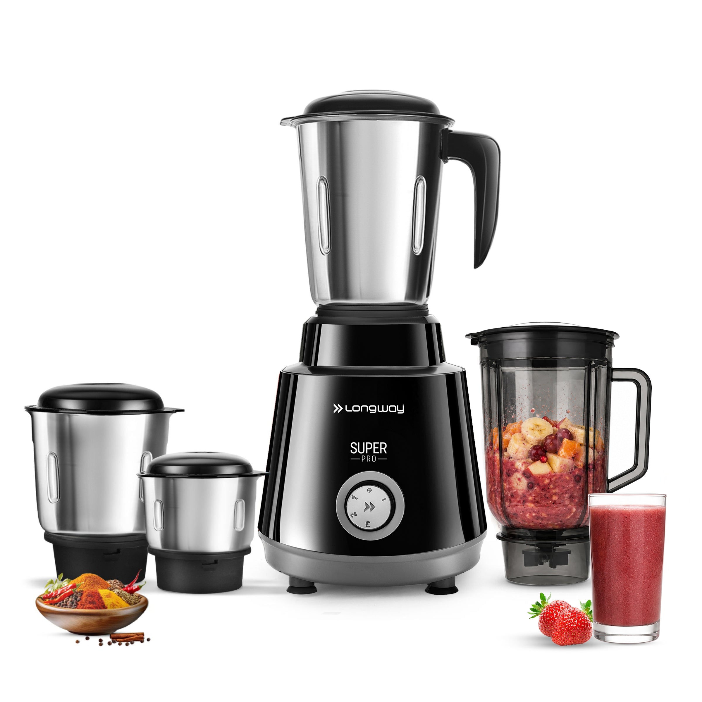 Longway Super Pro Juicer Mixer Grinder | Up to 500 - 750 Watt Max Output Powerful Motor | for Grinding, Mixing, Juicing | 2 Year Warranty