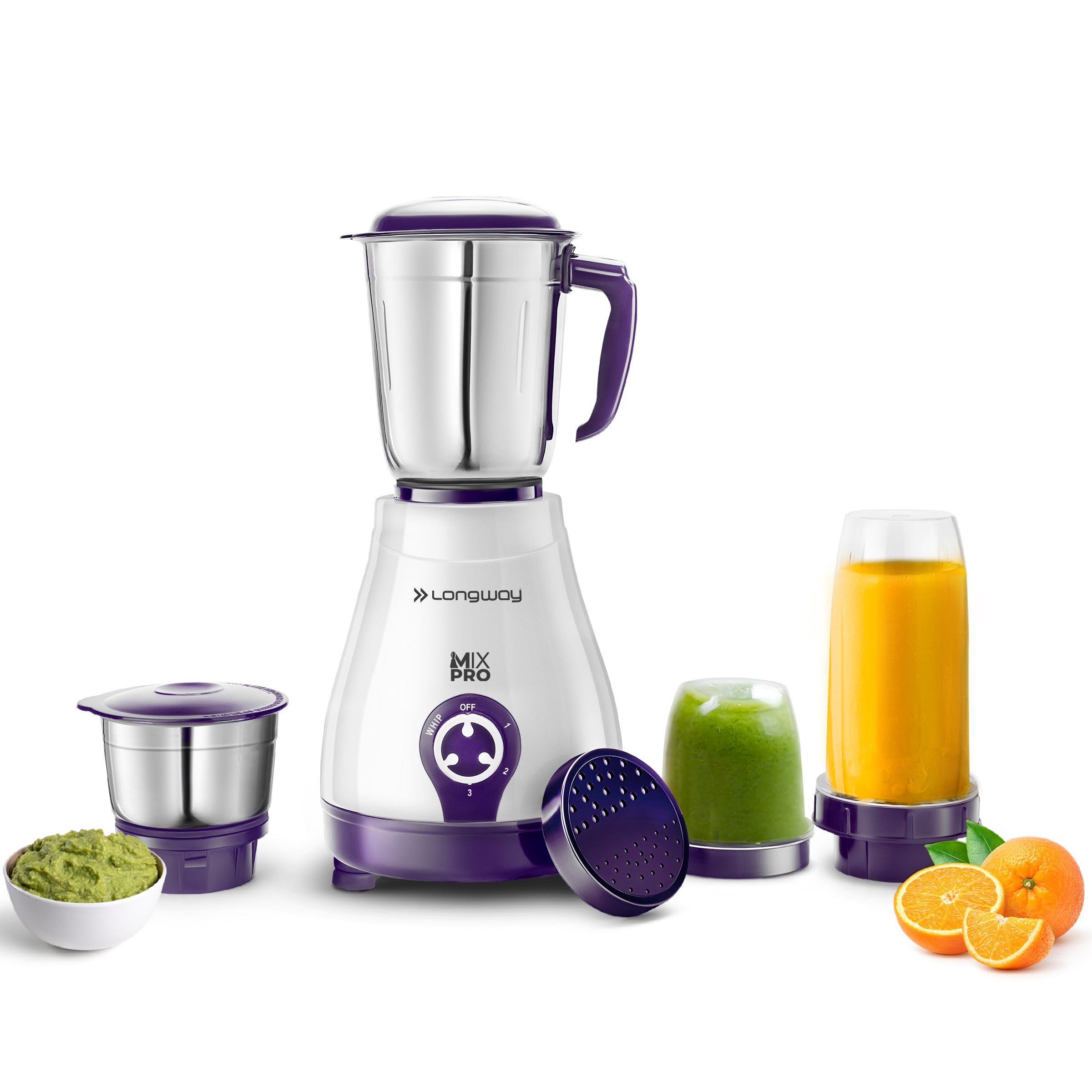 Longway Mix Pro 550 Watt Mixer Grinder with 4 Jars for Grinding, Mixing, Blending, Juicing with Powerful Motor | 2 Year Warranty | (Purple, 4 Jars)
