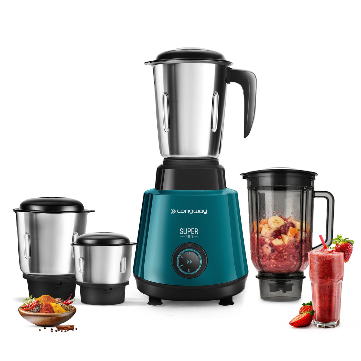 Longway Super Pro Juicer Mixer Grinder | Up to 500 - 750 Watt Max Output Powerful Motor | for Grinding, Mixing, Juicing | 2 Year Warranty