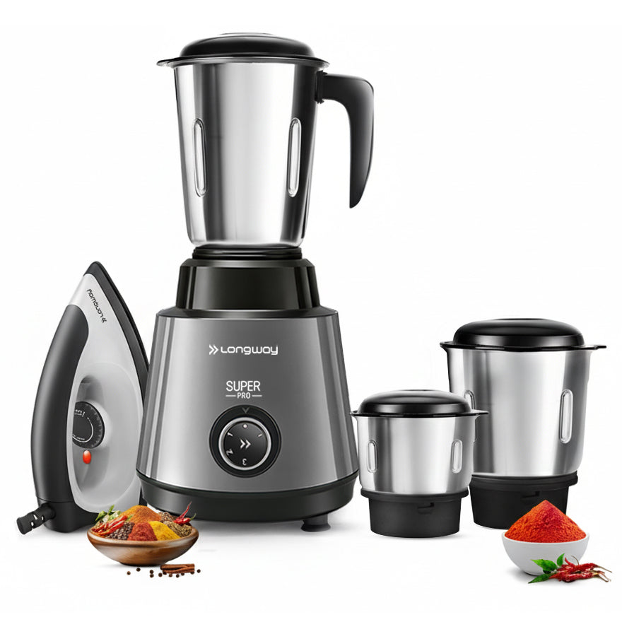 Longway Super Pro Juicer Mixer Grinder | Up to 500 - 750 Watt Max Output Powerful Motor | for Grinding, Mixing, Juicing | 2 Year Warranty