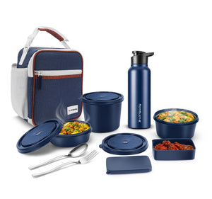 Longway Kivo Lunch Box with 3 Containers, 750ml Stainless Steel Bottle & Insulated Bag | Microwave Safe Food-Grade Containers (290ml, 400ml & 600ml) | Cutlery & Pickle Box