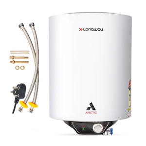 Longway Arctic 25 Ltr 5 Star Rated Storage Water Heater for Home with Advanced Multi-Layered Safety System & Anti-Rust Coating | Glassline Coated Tank | Suitable for Hard Water & High-Rise Building | 5 Years Warranty (White)