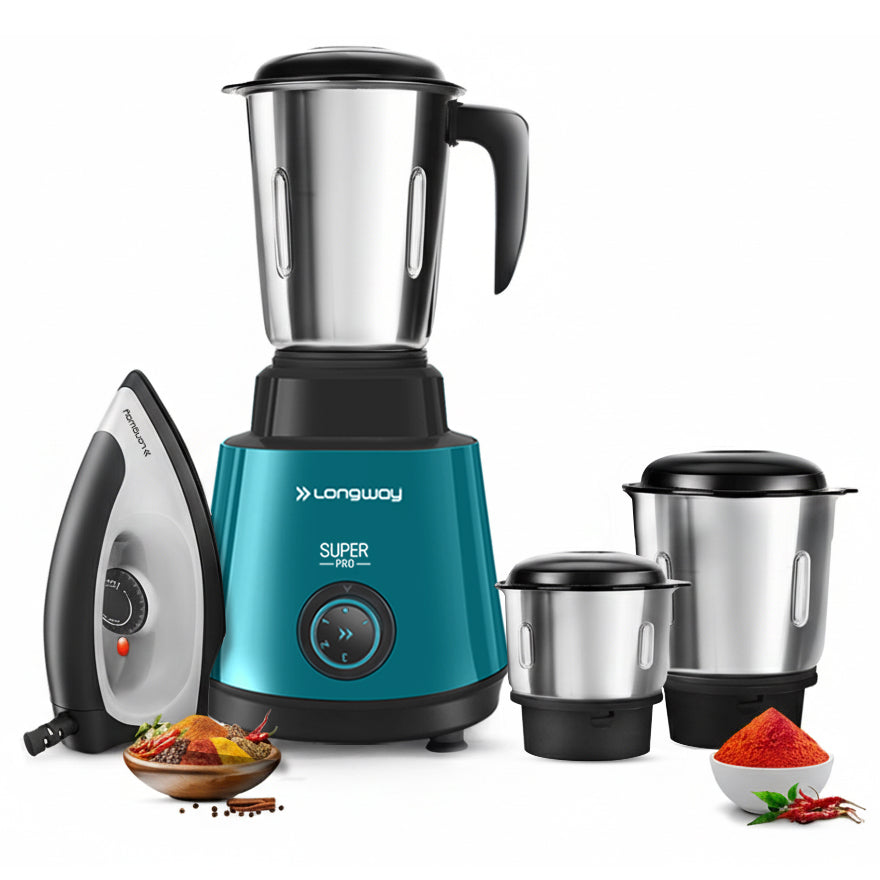 Longway Super Pro Juicer Mixer Grinder | Up to 500 - 750 Watt Max Output Powerful Motor | for Grinding, Mixing, Juicing | 2 Year Warranty