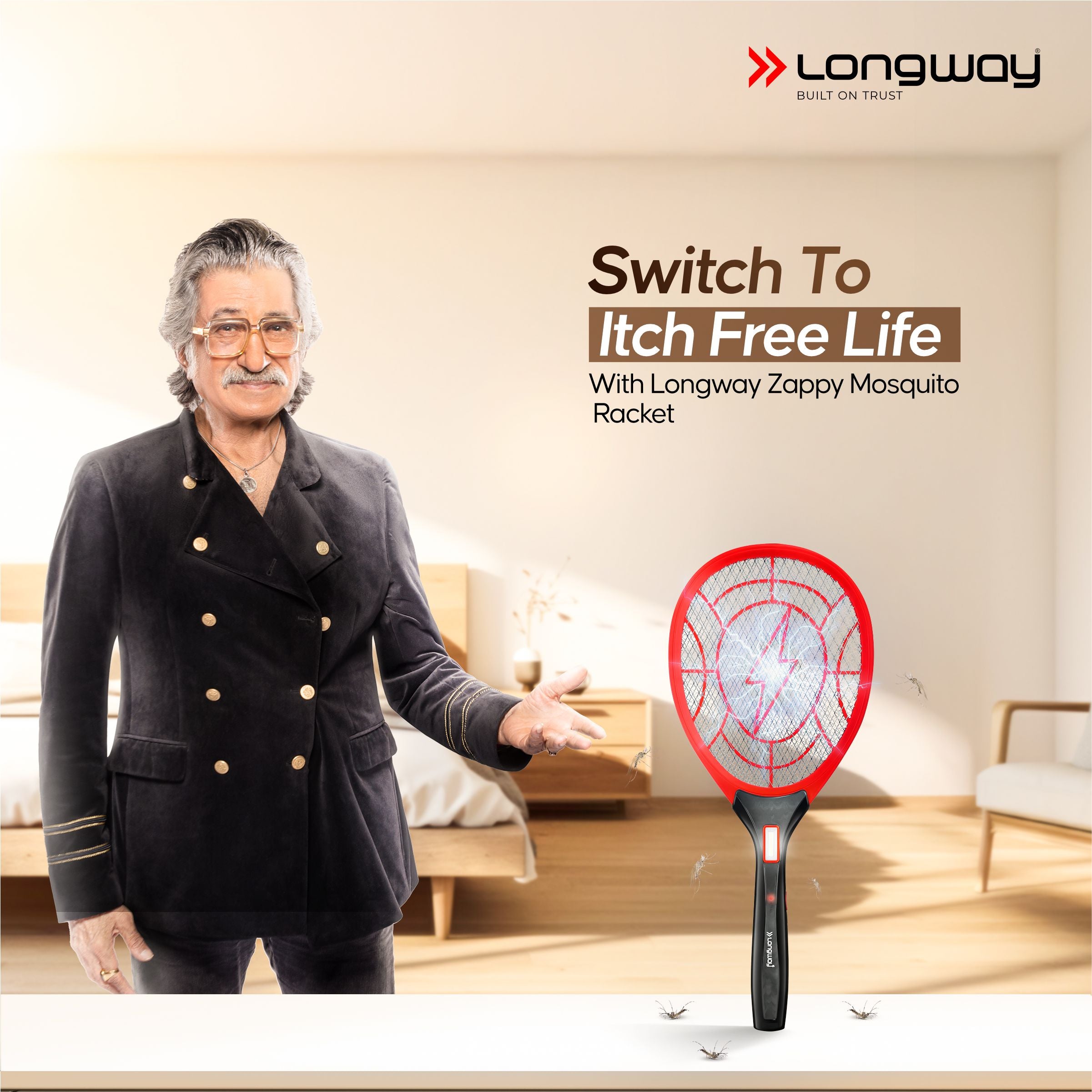 Longway Zappy Rechargeable Mosquito Racket | 3500V DC Voltage on the Net Mesh| Insect Killer Bat | 500mAH Battery | Large Net Area for Better Coverage | Long Lasting Internal Battery | 1 Year Warranty