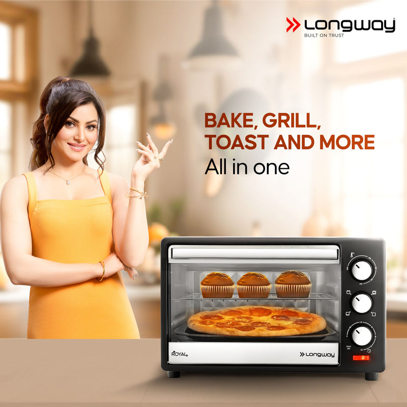 Longway Royal Plus OTG 25 Ltr Oven Toaster Griller with Multiple Heating Modes | Temperature Timer Control for Baking Pizza, Cake, Grilling Chicken & Toasting Bread| 2 Years Warranty (1280W)