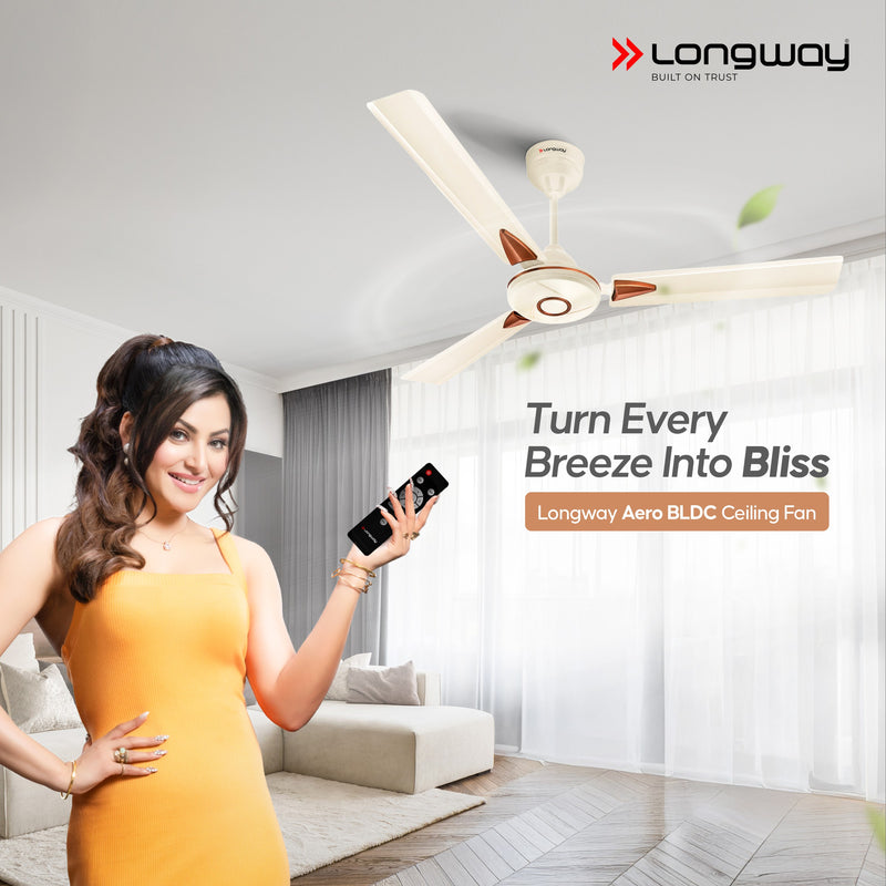Longway Aero 1200 mm BLDC Ceiling Fan with Remote Control | BEE 5 Star Rated Energy Efficient | Ultra High Speed 3 Blade Anti-Dust Decorative Ceiling Fan