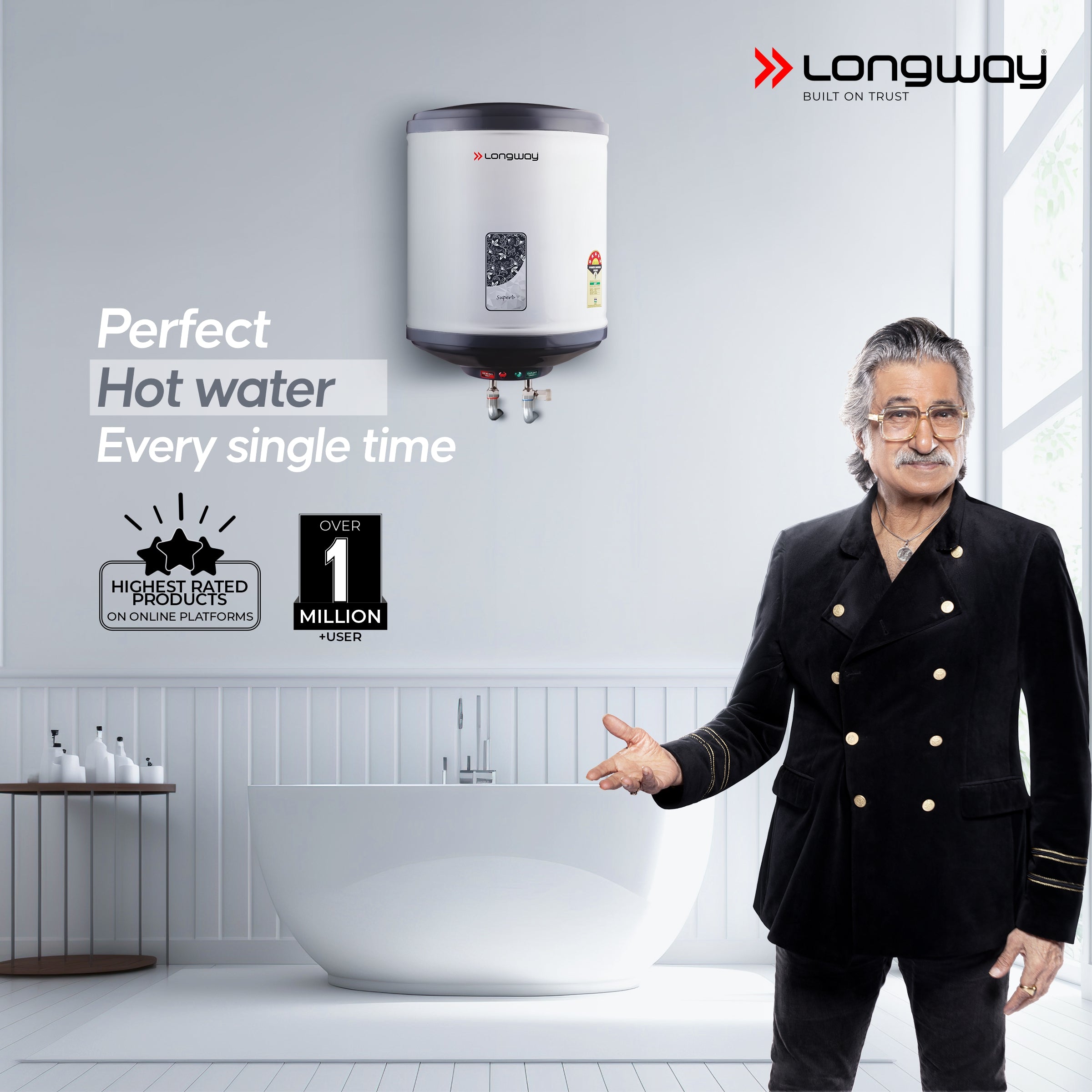 Longway Superb 15 Ltr 5 Star Rated Automatic Storage Water Heater for Home, Water Geyser, Water Heater, Electric Geyser with Multiple Safety System & Anti-Rust Coating | 1-Year Warranty | (Gray, 15 Ltr)