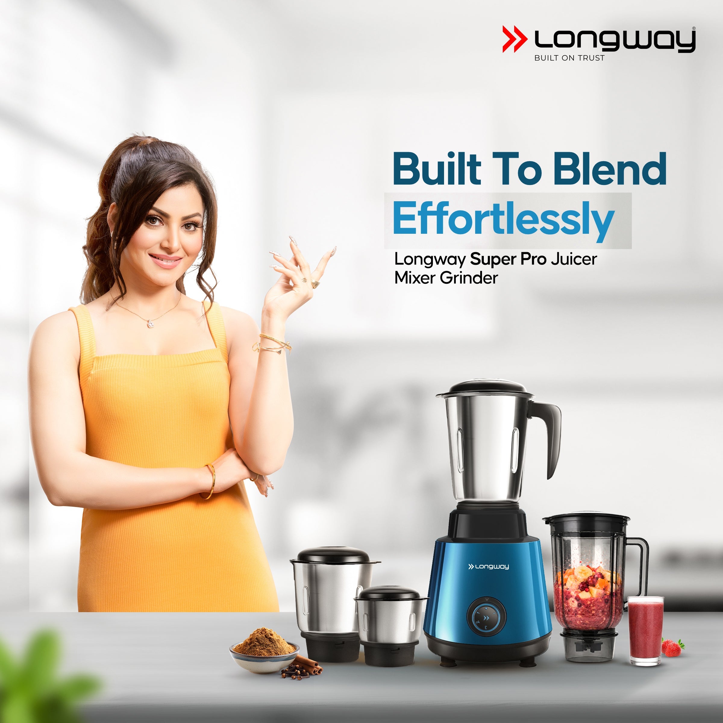 Longway Super Pro Juicer Mixer Grinder | Up to 500 - 750 Watt Max Output Powerful Motor | for Grinding, Mixing, Juicing | 2 Year Warranty