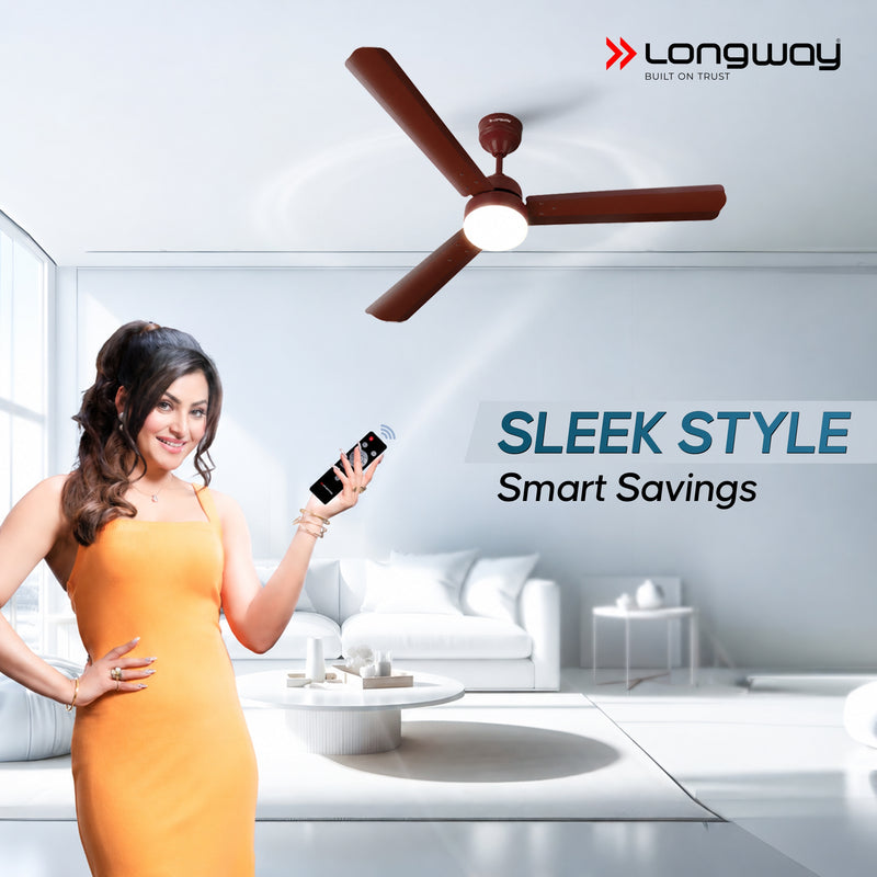 Longway Luminair 1200 mm BLDC Ceiling Fan with Remote Control & LED Light | BEE 5 Star Rated Energy Efficient | Ultra High Speed 3 Blade Anti-Dust Decorative Ceiling Fan | 5 Years Warranty (Brown, Pack of 1)