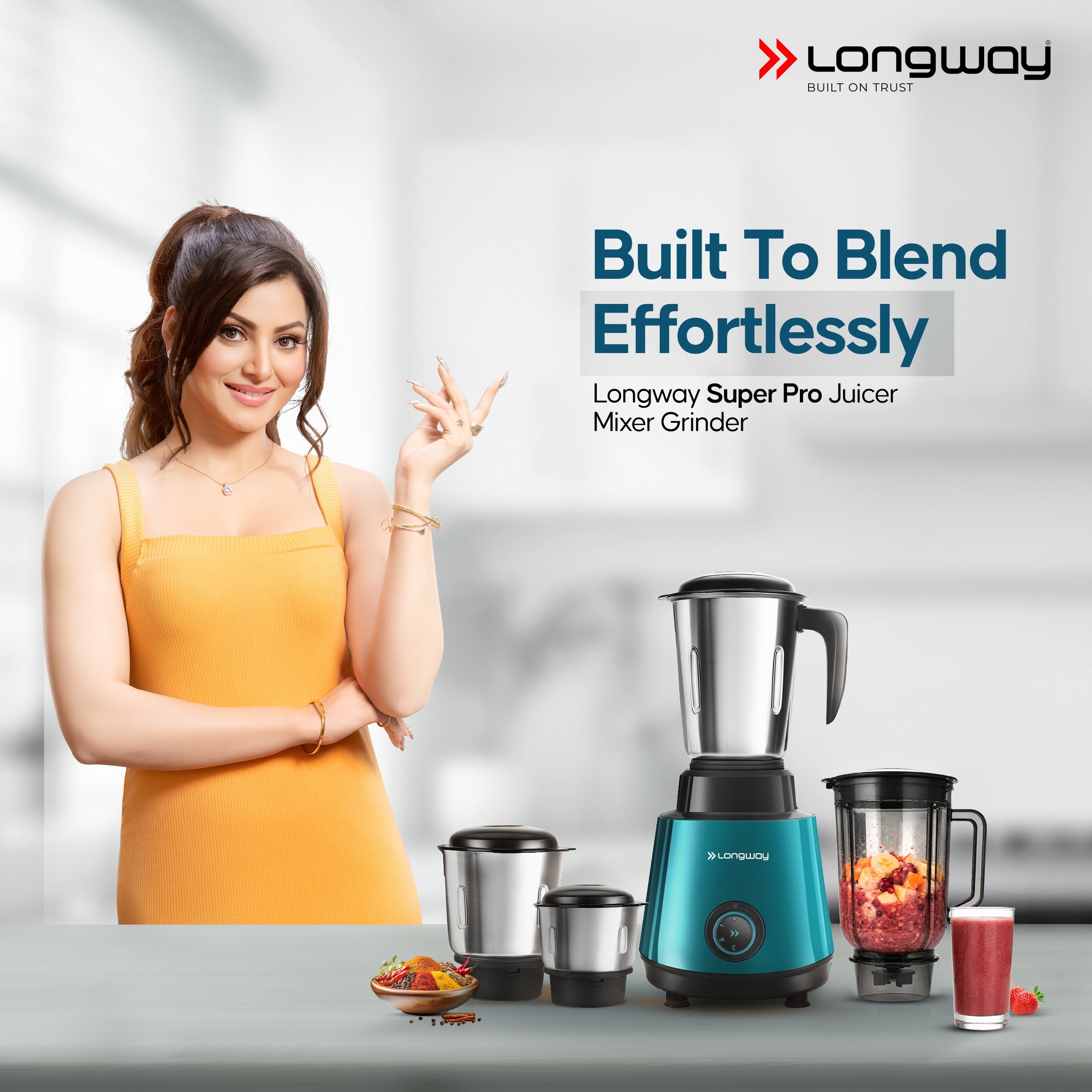 Longway Super Pro Juicer Mixer Grinder | Up to 500 - 750 Watt Max Output Powerful Motor | for Grinding, Mixing, Juicing | 2 Year Warranty