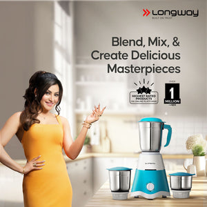 Longway Super Dlx 700 Watt Mixer Grinder with 3 Jars for Grinding, Mixing with Powerful Motor | 1 Year Warranty | (White & Blue, 3 Jars)