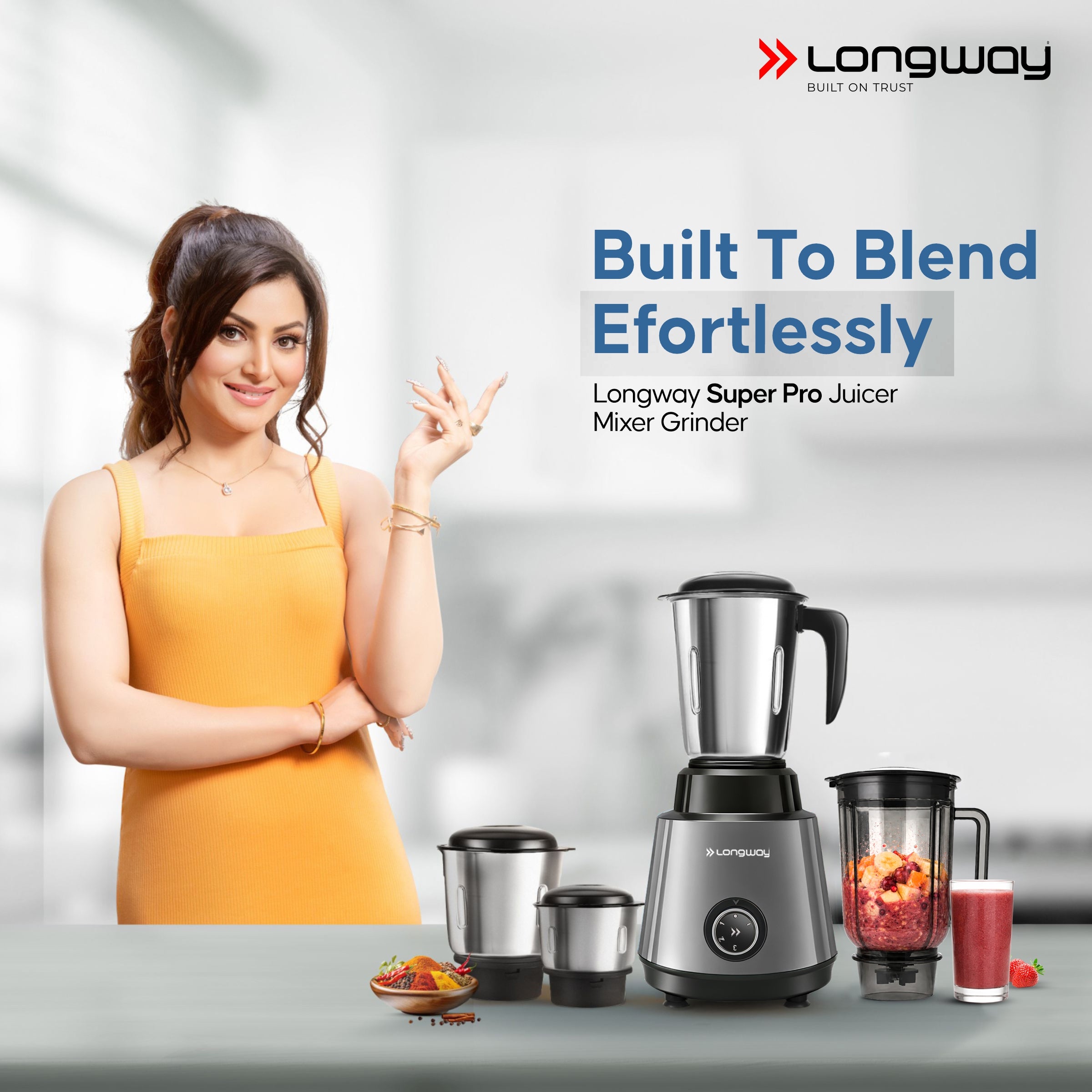 Longway Super Pro Juicer Mixer Grinder | Up to 500 - 750 Watt Max Output Powerful Motor | for Grinding, Mixing, Juicing | 2 Year Warranty