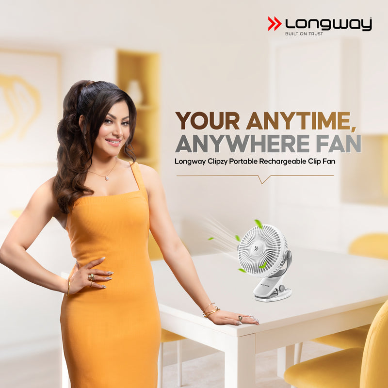 Longway Clipzy Portable Rechargeable Clip Fan with 360° Rotation | 3 Speed Control | BLDC Motor | Type-C Charging | Silent Operation Table Fan for Home, Office & Travel | 1 Year Warranty