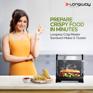 Longway Crisp Master 1000 W Electric Panini Sandwich Maker, Grill & Toaster | Non-stick Coating Cast Aluminum Plates | Adjustable Height Control & Floating Hinges | Grills Sandwiches, Bread, Burger, Grilled Chicken & Kebabs