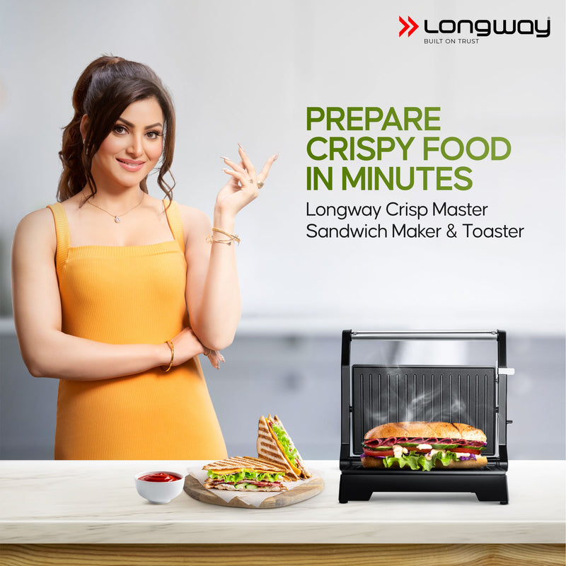 Longway Crisp Master 1000 W Electric Panini Sandwich Maker, Grill & Toaster | Non-stick Coating Cast Aluminum Plates | Adjustable Height Control & Floating Hinges | Grills Sandwiches, Bread, Burger, Grilled Chicken & Kebabs