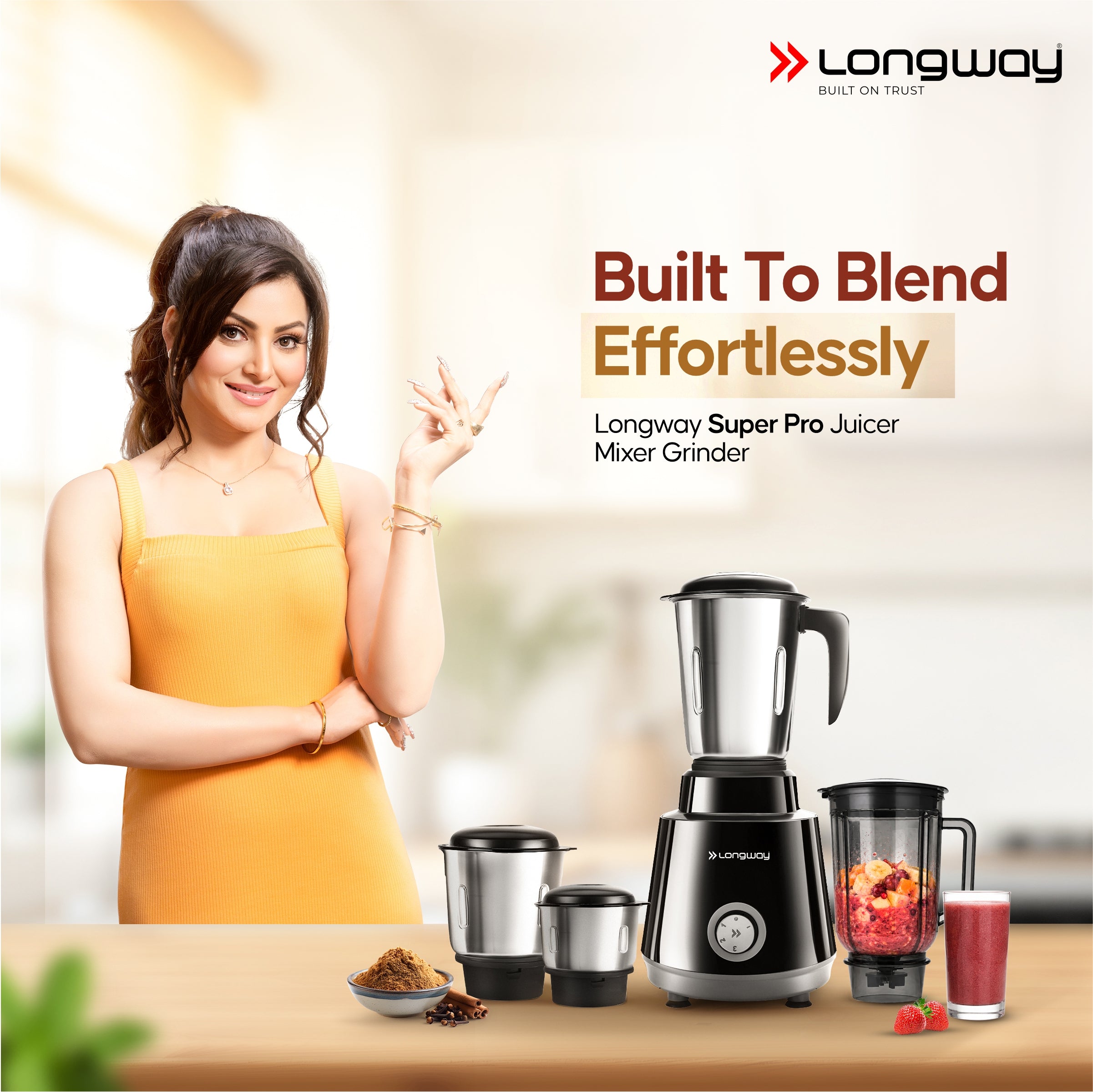 Longway Super Pro Juicer Mixer Grinder | Up to 500 - 750 Watt Max Output Powerful Motor | for Grinding, Mixing, Juicing | 2 Year Warranty