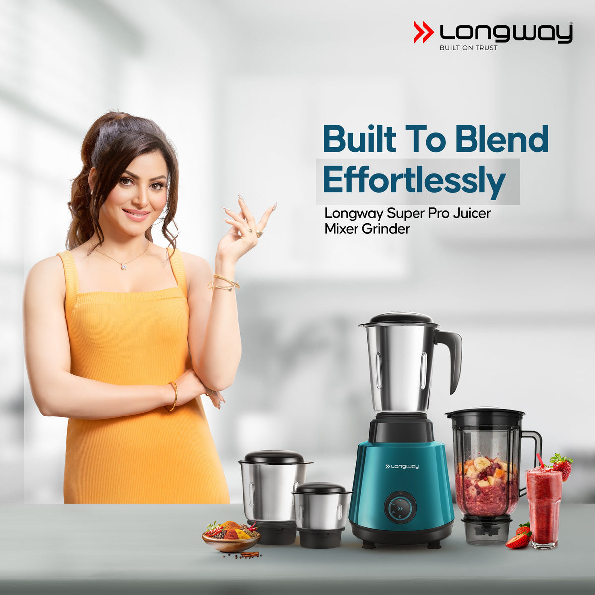 Longway Super Pro Juicer Mixer Grinder | Up to 500 - 750 Watt Max Output Powerful Motor | for Grinding, Mixing, Juicing | 2 Year Warranty