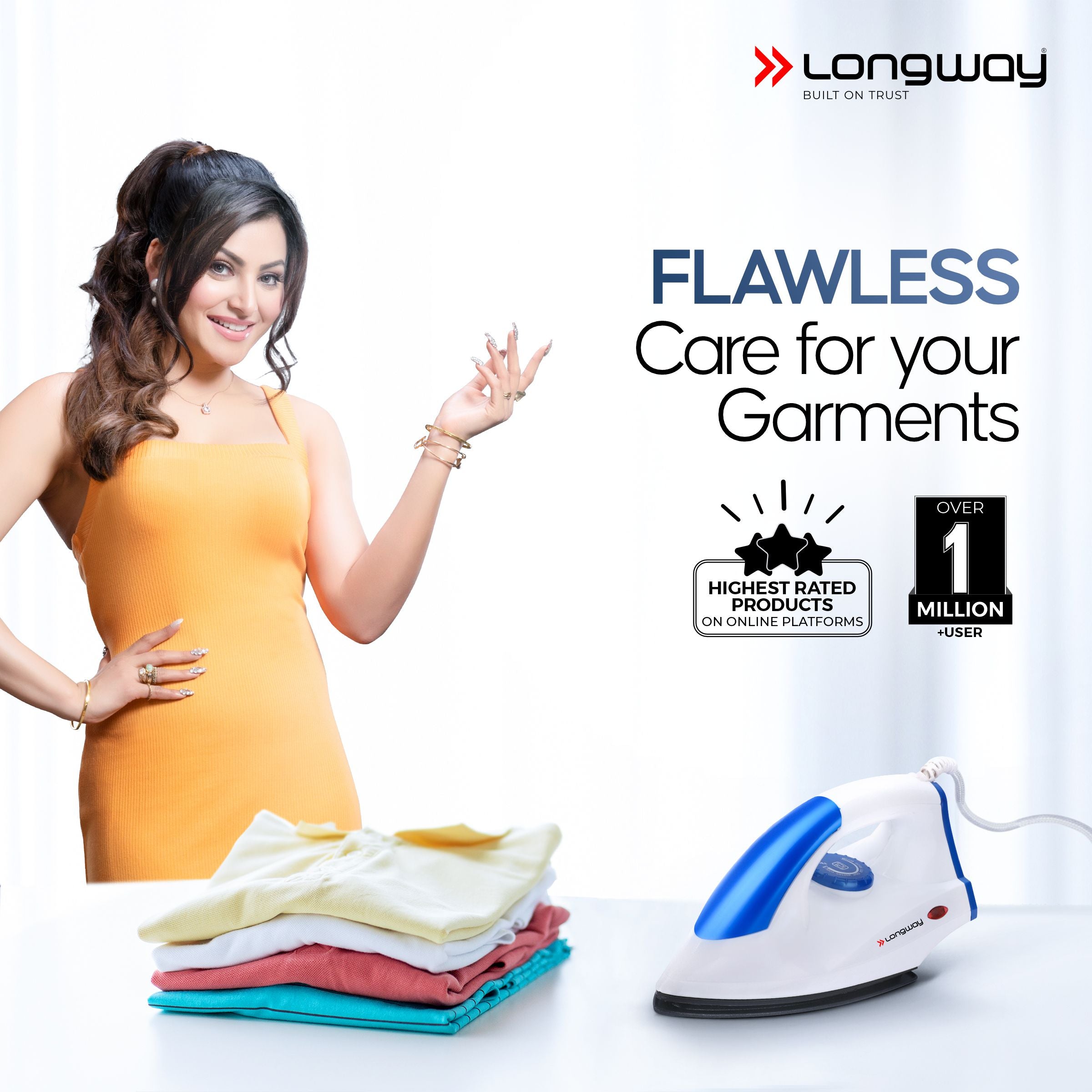 Longway Grace Light Weight Non-Stick Teflon Coated Dry Iron, Electric Iron for Clothes | 1 Year Warranty| (1100 Watt, Blue)