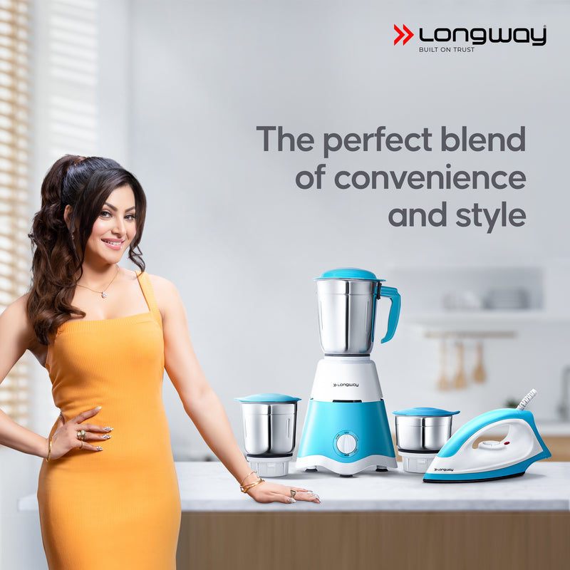 Longway Super Dlx Mixer Grinder with Kwid 1100W Dry Iron | 500 Watt Powerful Motor | 3 Jars for Grinding, Mixing, Juicing | 2 Years Warranty