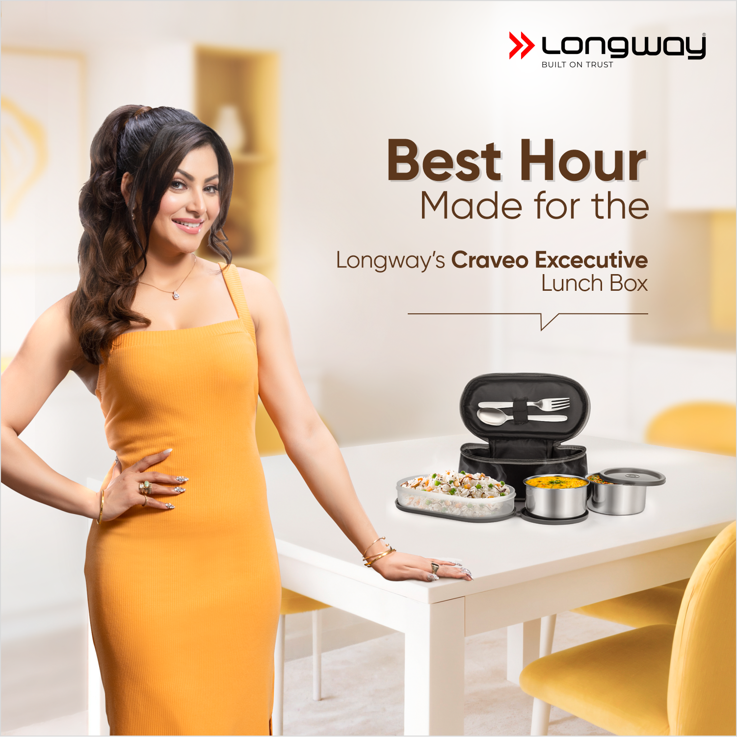 Longway Craveo Stainless Steel Lunch Box with 3 Containers | 2 Round 300ml Each & 1 Oval 500ml | Airtight & Leak Resistant Tiffin Box with Spoon | Food-Grade Steel Lunch Box for Office, School & College