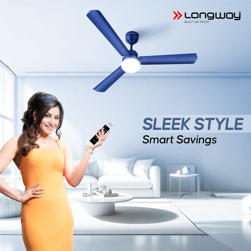 Longway Luminair 1200 mm BLDC Ceiling Fan with Remote Control & LED Light | BEE 5 Star Rated Energy Efficient | Ultra High Speed 3 Blade Anti-Dust Decorative Ceiling Fan | 5 Years Warranty (Blue)