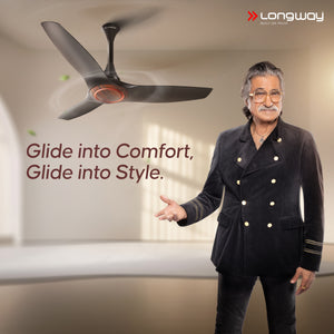 Longway Glideon 1200mm BLDC Ceiling Fan with Remote Control | Premium Look with Ultra Silent Performance | ABS Blade & Body | BEE 5 Star Rated | Anti-Dust Decorative Ceiling Fan | 5 Years Warranty