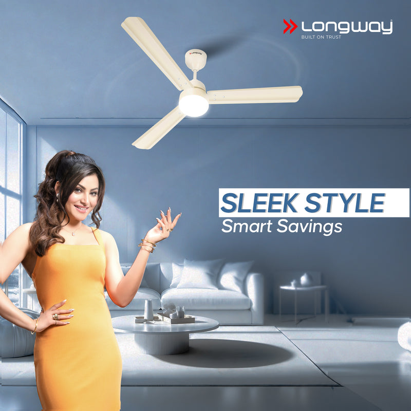 Longway Luminair 1200 mm BLDC Ceiling Fan with Remote Control & LED Light | BEE 5 Star Rated Energy Efficient | Ultra High Speed 3 Blade Anti-Dust Decorative Ceiling Fan | 5 Years Warranty (Ivory)