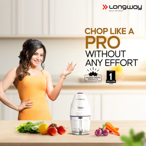 Longway Choppy 400 Watts Electric Vegetable Chopper with Stainless Steel Blades | Chopper, Cutter, Mince, Dice, Whisk Blend | 1 Year Warranty (800 ml, Purple)