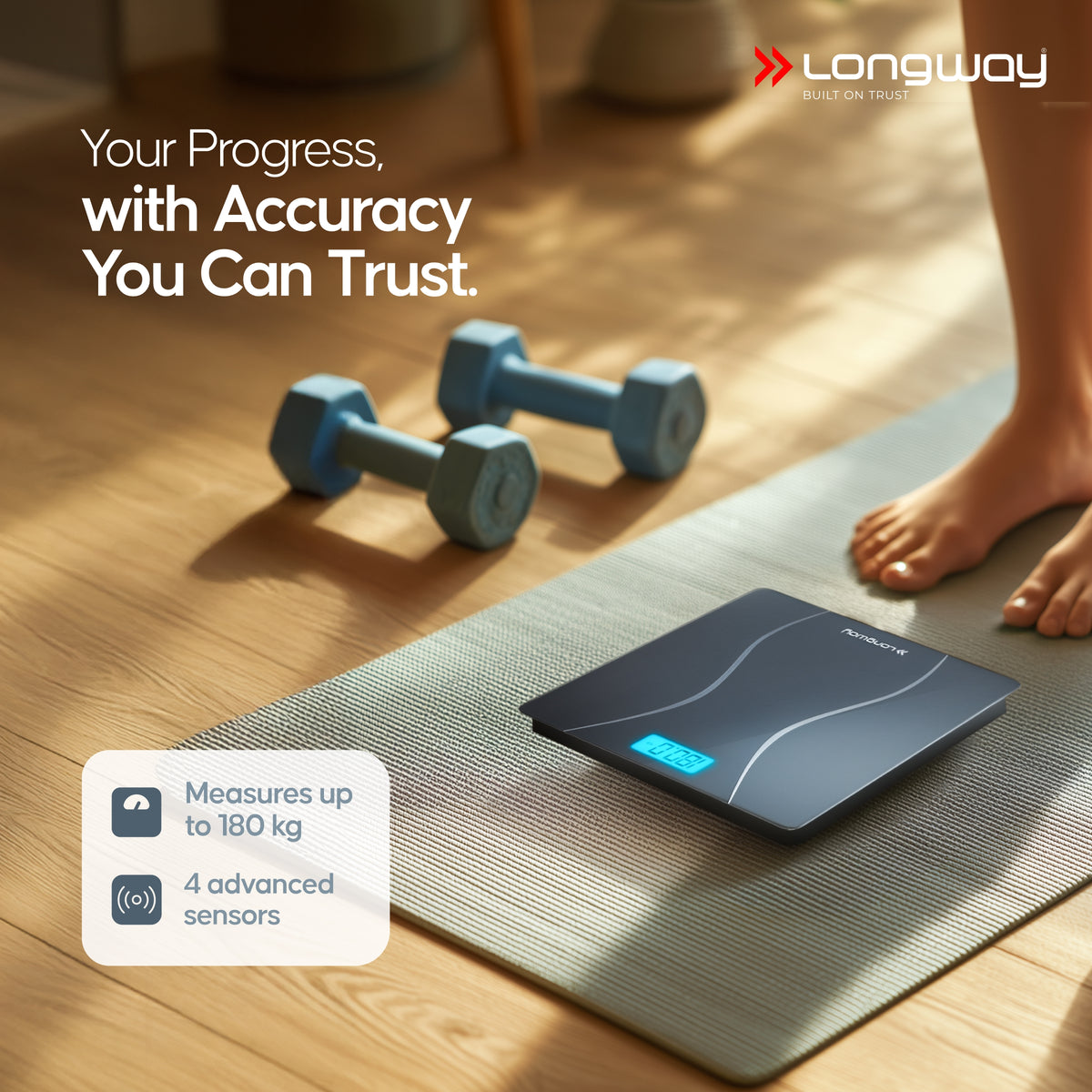 Longway Weight Machine for Home | Digital Bathroom Scale for Human Body Weight Measurement | Extra Thick Tempered Glass with LCD Display (36 Months Warranty | Max Weight 180Kgs | Aura)