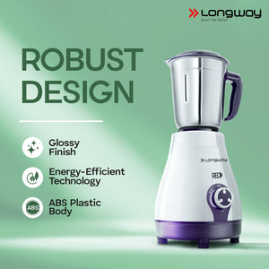 Longway Reo 550 Watt Mixer Grinder with 4 Jars for Grinding, Mixing, Blending, Juicing with Powerful Motor | 1 Year Warranty | (Purple, 4 Jars)