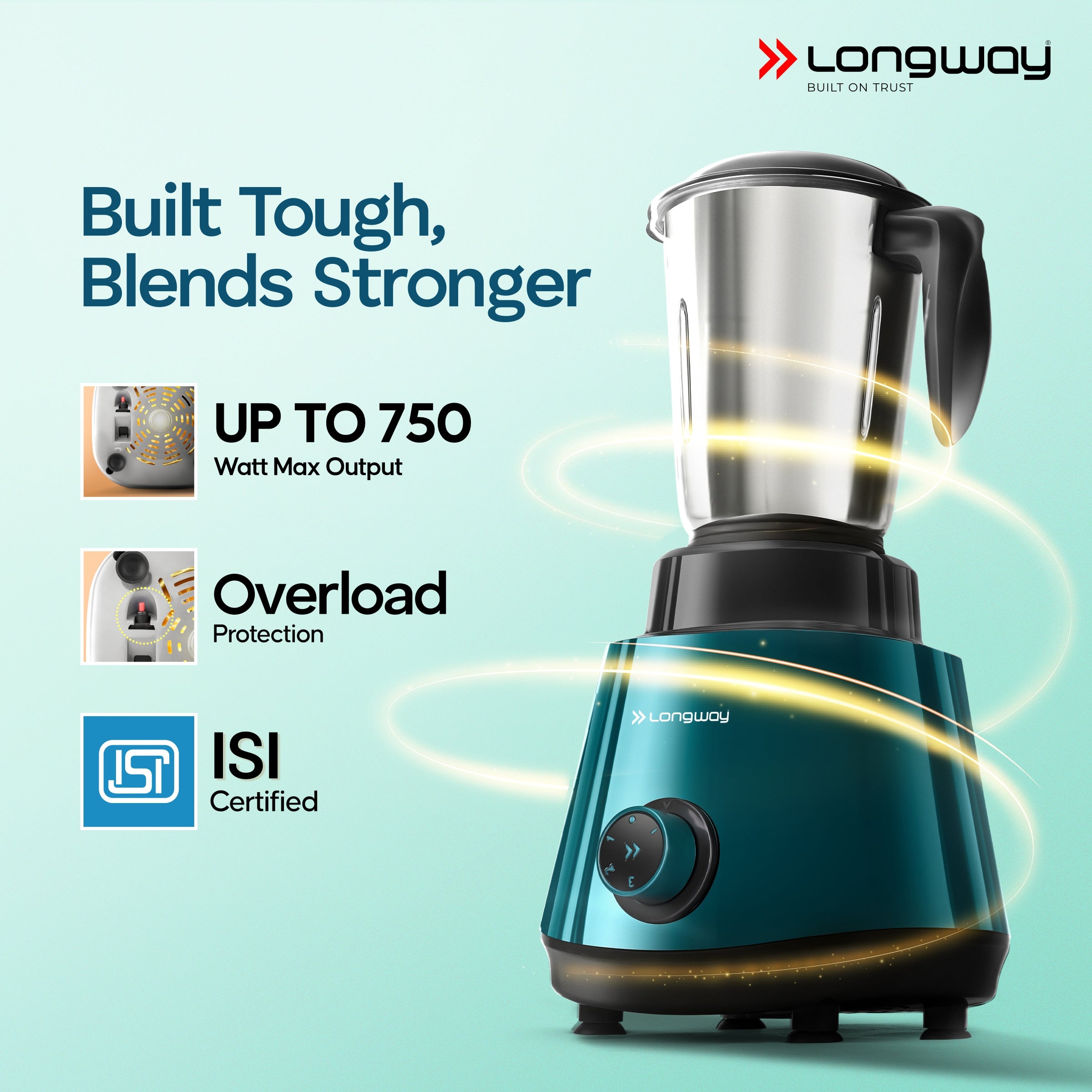 Longway Super Pro Juicer Mixer Grinder | Up to 500 - 750 Watt Max Output Powerful Motor | for Grinding, Mixing, Juicing | 2 Year Warranty