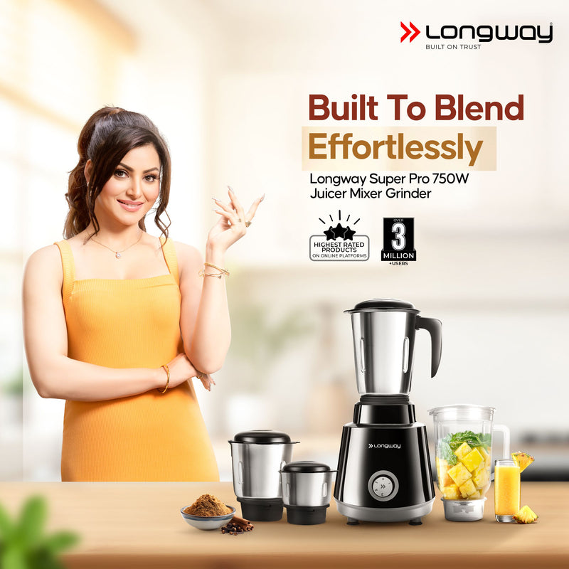 Longway Super Pro 700 - 750 Watt Juicer Mixer Grinder for Grinding, Mixing, Juicing with Powerful Motor with 2 Years Warranty