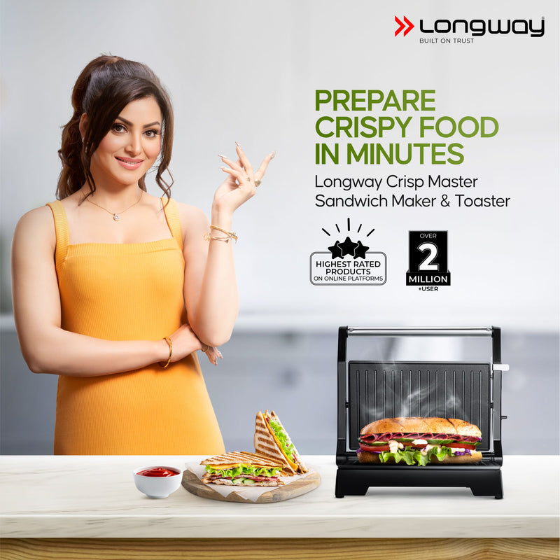 Longway Crisp Master 1000 W Electric Panini Sandwich Maker, Grill & Toaster | Non-stick Coating Cast Aluminum Plates | Adjustable Height Control & Floating Hinges | Grills Sandwiches, Bread, Burger, Grilled Chicken & Kebabs (Metallic Silver)