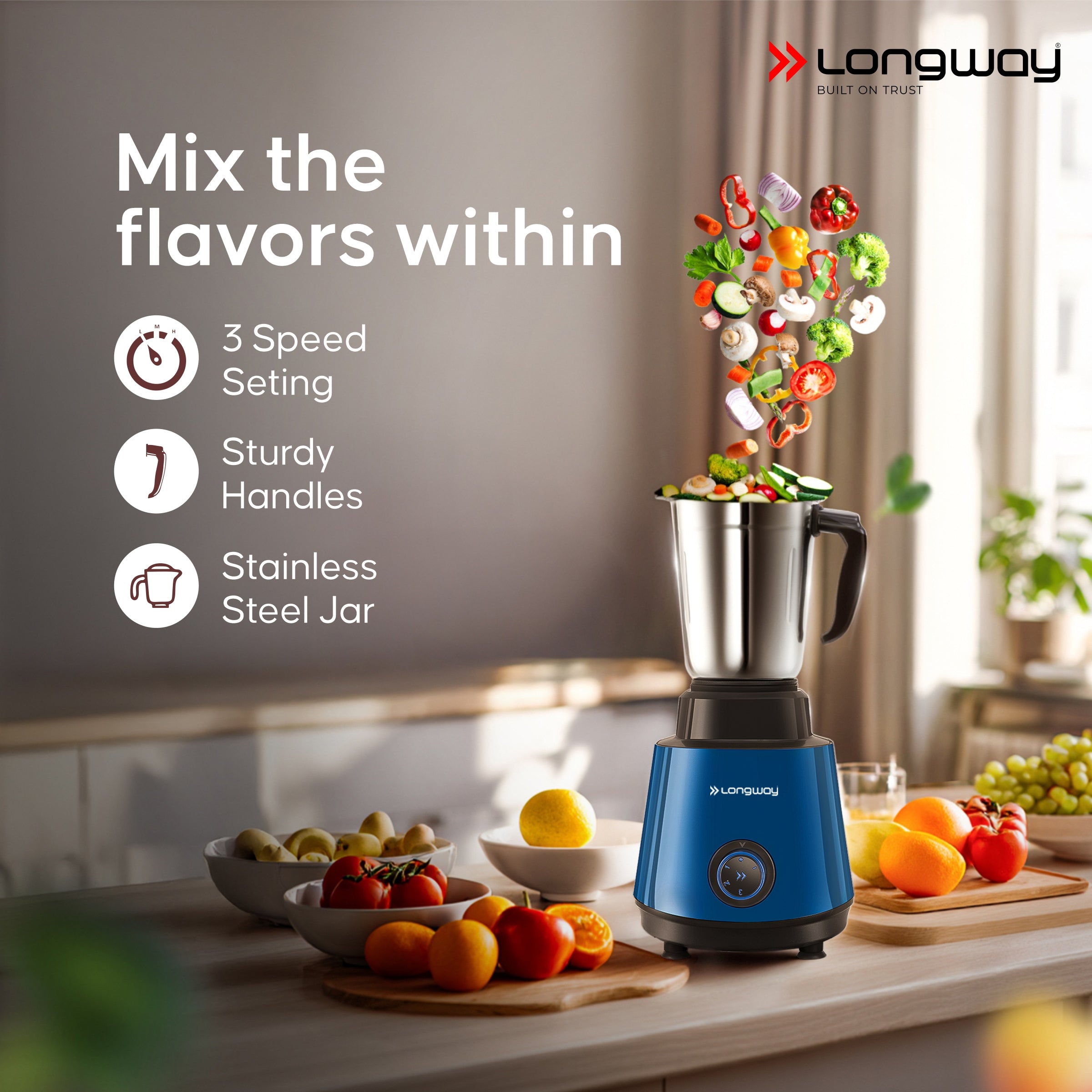 Longway Super Pro Juicer Mixer Grinder | Up to 500 - 750 Watt Max Output Powerful Motor | for Grinding, Mixing, Juicing | 2 Year Warranty