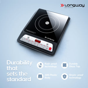 Longway Elite Plus IC 2000 Watt Induction Cooktop with Auto Shut-Off & Over-Heat Protection With 8 Cooking Mode & BIS Approved | 1-Year Warranty | (Black, Push Button)