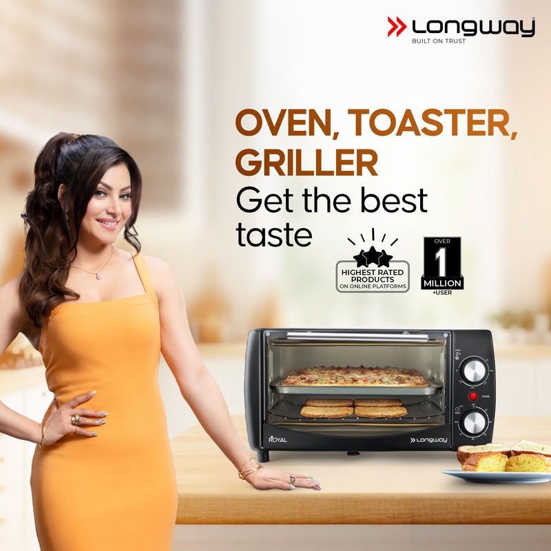 Longway Royal OTG 12 Ltr Oven Toaster Griller with Heating Modes | Temperature Timer Control for Baking Pizza, Cake, Grilling Chicken & Toasting Bread|1 Year Warranty (1000 W, Black)